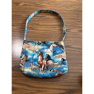 Blue shoulder bag with galloping horses